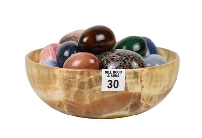 Onyx Bowl with Collection of Assorted Stone Eggs - Onyx bowl with approximately 21 stone eggs of