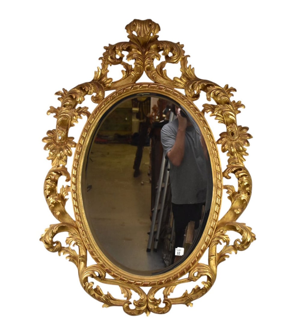 Beveled Glass Oval Mirror with Gilt Scrolling Acanthus Carved Leaves, 43"h x 30"w: Beveled Glass Oval Mirror with Gilt Scrolling Acanthus Carved Leaves, 43"h x 30"w