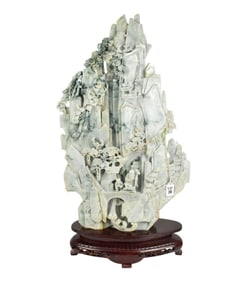 A Large Chinese Carved Jade Mountain Sculpture -  Landscape Shouxing and child 26 tall