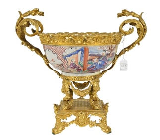 Large Chinese export porcelain bowl mounted in Dore' / Gilt Bronze base.