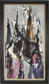 Gino Hollander oil on canvas abstract composition, 36 x 20 inches, overall with frame 40 1/2 x 25