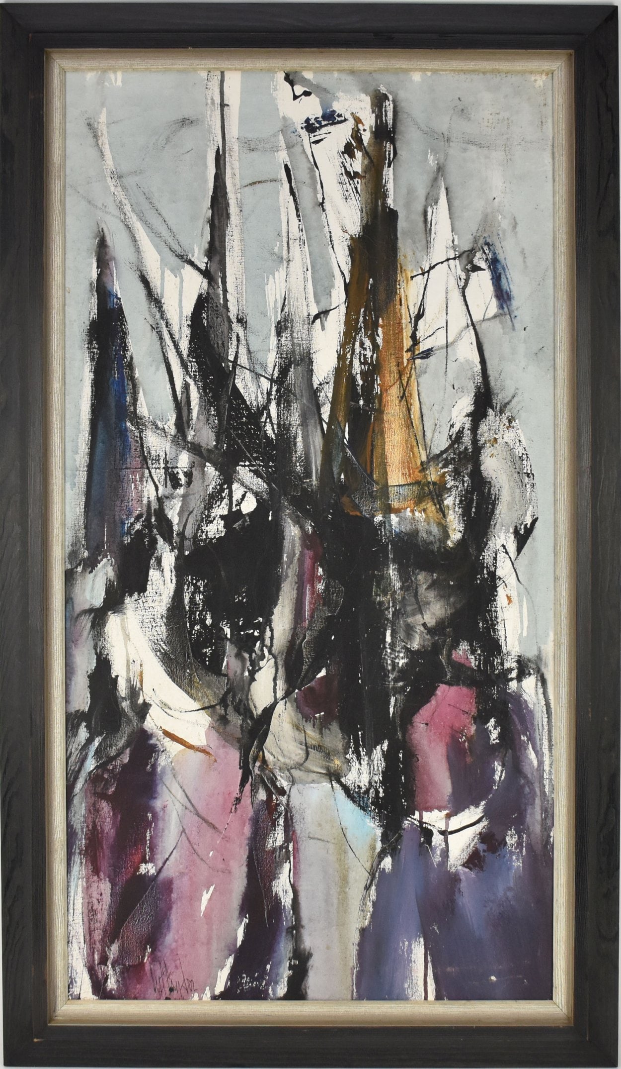 Gino Hollander oil on canvas abstract composition, 36 x 20 inches, overall with frame 40 1/2 x 25: Gino Hollander oil on canvas abstract composition, 36 x 20 inches, overall with frame 40 1/2 x 25 inches