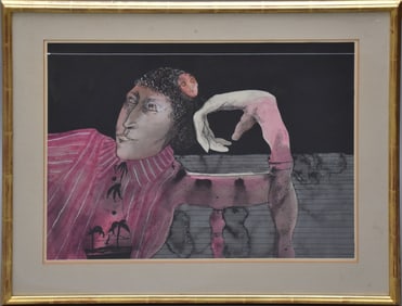 Peter Paone man with a thought original ink and watercolor Kennedy galleries label site size 15-1/4
