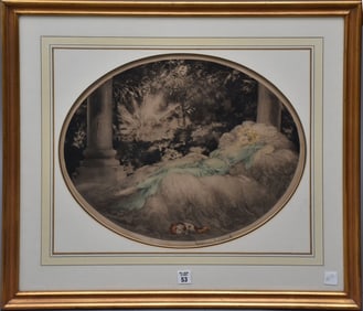 LOUIS ICART (French 1888-1950)  Color Etching, Lounging Woman with Dog - 1927.