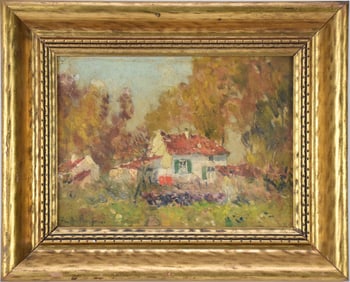 Anique impressionist Old Lyme Conn. School. Oil on board  signed illegibly.  Painting size approx. 7