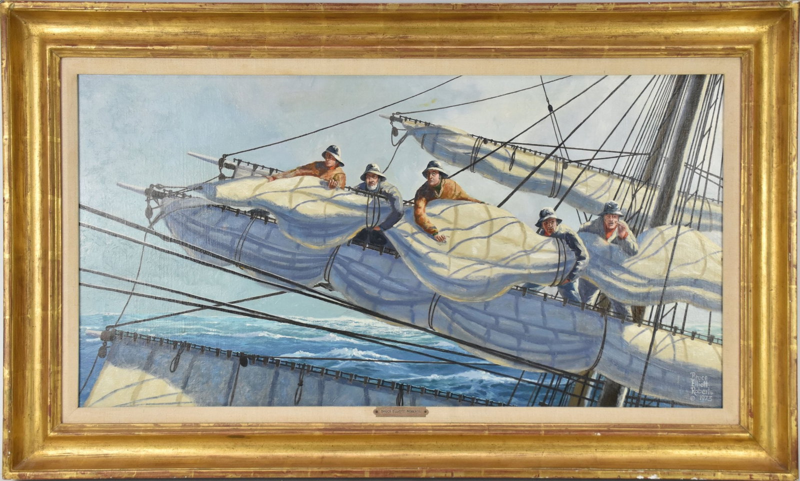 Bruce Elliott Roberts (American 1918–1993) oil on canvas, Reefing In - 1973.: Bruce Elliott Roberts (American 1918–1993) oil on canvas, Reefing In - 1973. Signed and dated lower right “Bruce Elliott Roberts 1973” Label verso “Reefing In” H. 17 ¾” 