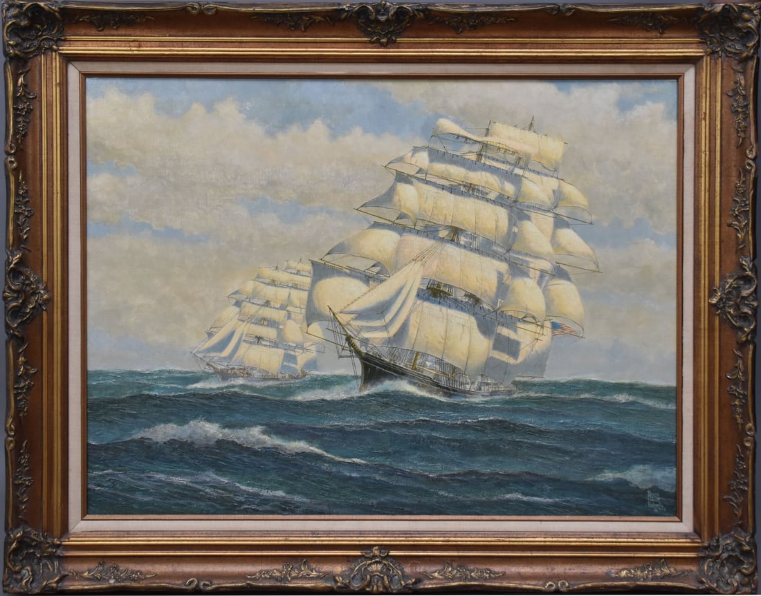 Bruce Elliott Roberts (American 1918–1993) oil on canvas, Shaking out the Royals - 1979. Label: Bruce Elliott Roberts (American 1918–1993) oil on canvas, Shaking out the Royals - 1979. Label verso “#595 ‘Shaking out the Royals’ by Bruce Elliott Roberts” H. 29 ½” x W. 3