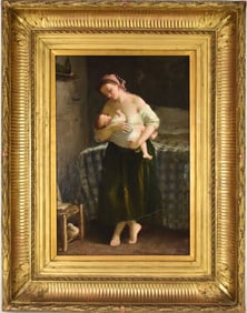 Italian school 19th century, oil and panel, Mother and Child Interior Scene. Painting size 21 x 14.5