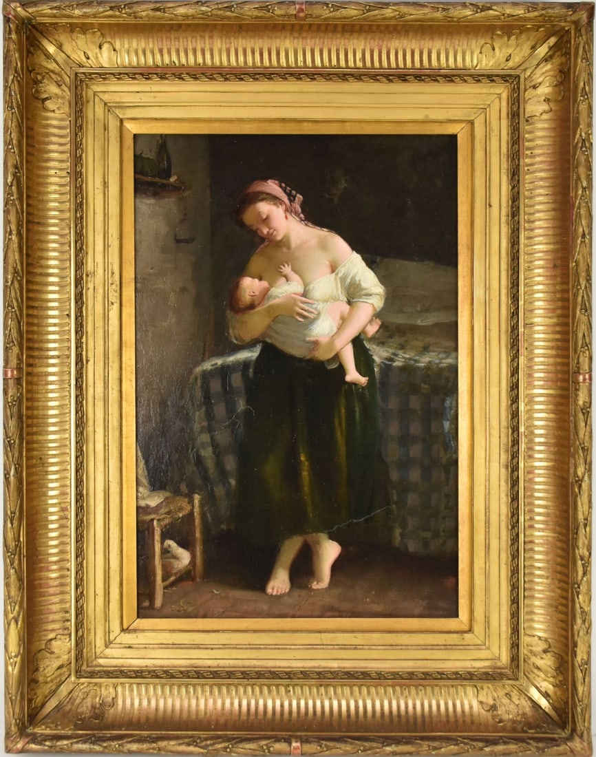 Italian school 19th century, oil and panel, Mother and Child Interior Scene. Painting size 21 x 14.5 (1 of 7)