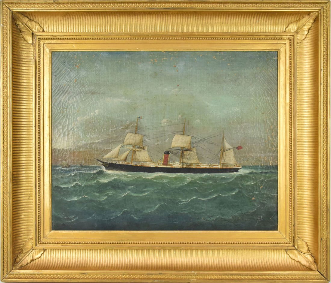 Attributed to: Richard Barnett Spencer (UK.1840 - 1874) oil on canvas, A Steam and Sail Vessel: Attributed to: Richard Barnett Spencer (UK.1840 - 1874) oil on canvas, A Steam and Sail Vessel Cunard Lines HMS Java Launched 1865 sunk 1890 Delivering a Mail Packet from the Pacific to San Francisco