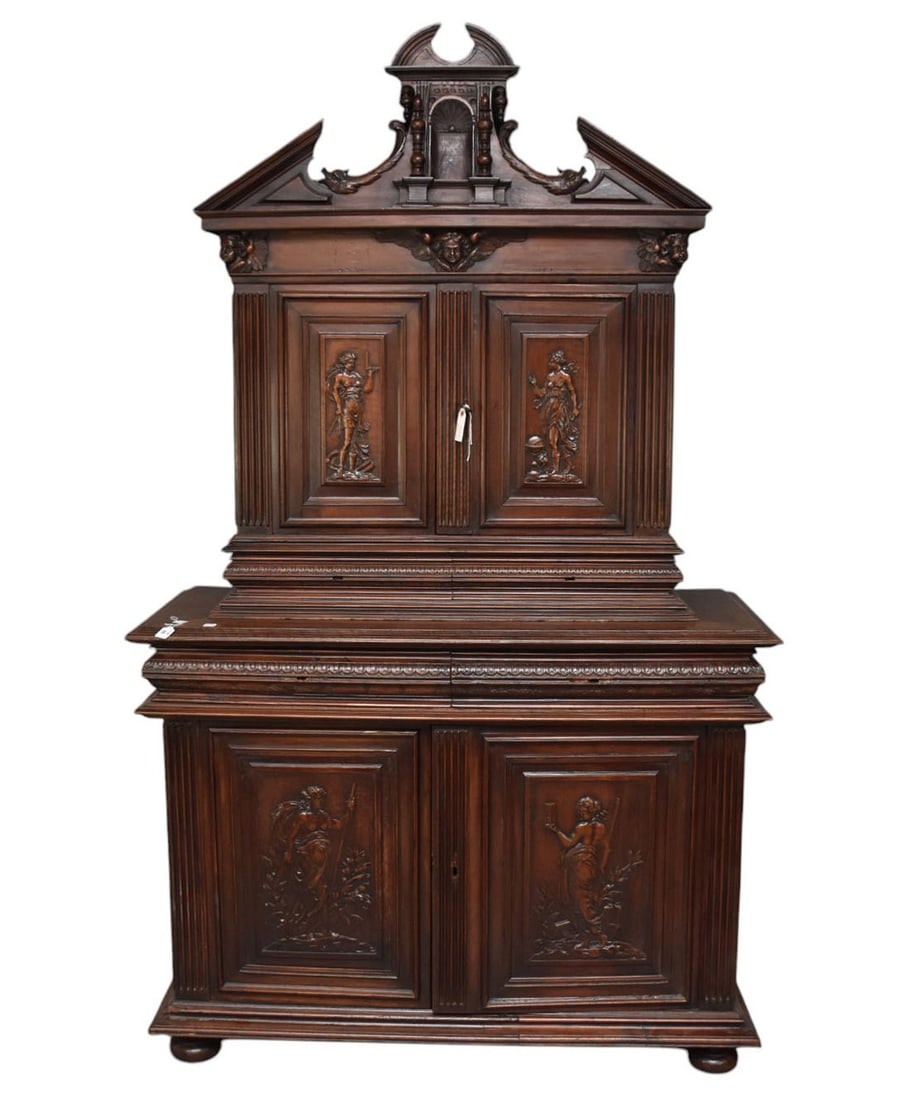 A Walnut Buffet à Deux Corps, French, 1670, A broken pediment top over two carved panel doors and (1 of 14)