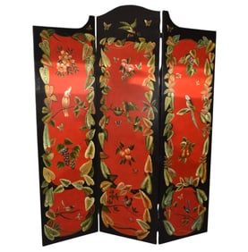 Chelsea House 3 Panel Screen, Red Ground, Leaves & Birds Design, 7 Ft. x 20"w Panels