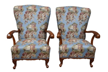 Pair Italian Frame Armchairs, Beautifully Upholstered Blue Landscape