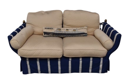 French Style Sofa, Navy Blue & Beige Upholstery & Cushions