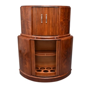 Mahogany Deco Bar, Bowed Form, Top with Tambour Doors with Chrome Handles, Glass Shelf Interior