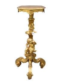 Gilded Pedestal With Carved Angel & Griffin on Trifed Scrolling Legs, 37"h x 14"w