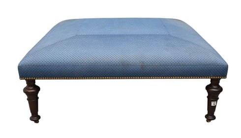 Oversized Ottoman, Blue Dot Fabric with Brass Nail Heads, 15"h x 42"square (some soiling)
