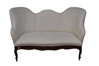 Victorian Frame Love Seat, White Linen Upholstery With Carved Cabriole Legs on Wheels, 35"h x 57"w x