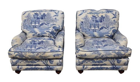 Pair Upholstered Blue Toile Club Chairs, Brunswick & Fil Upholstery, Some Yellowing and Staining on