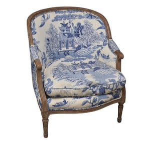 Antique French Single Blue Toile Upholstered Armchair, Minor Stains 36"h x 28 1/2"w x30"d