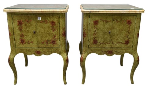 Pair Painted Side Tables, Faux Painted Marble Surface Over Cabinet Doors on Cabriole Legs, 28"h x