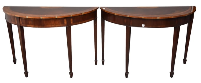 Pr. Mahogany Demi-Lune Tables, Custom English Maker- "Trosby" Label, 48in. Wide x 19in deep x 32in.