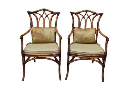 Pair Vintage Style Bamboo Armchairs, Green Stripe Seat Cushions