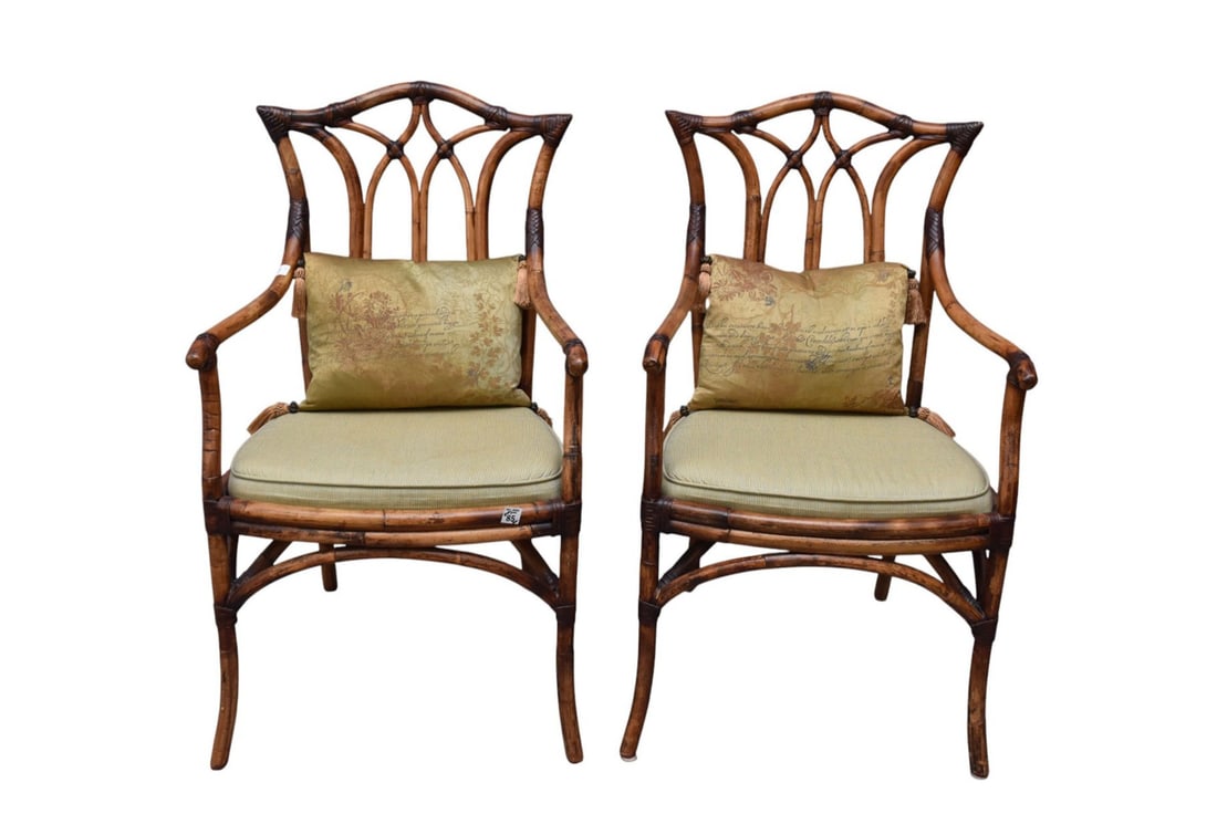 Pair Vintage Style Bamboo Armchairs, Green Stripe Seat Cushions (1 of 4)