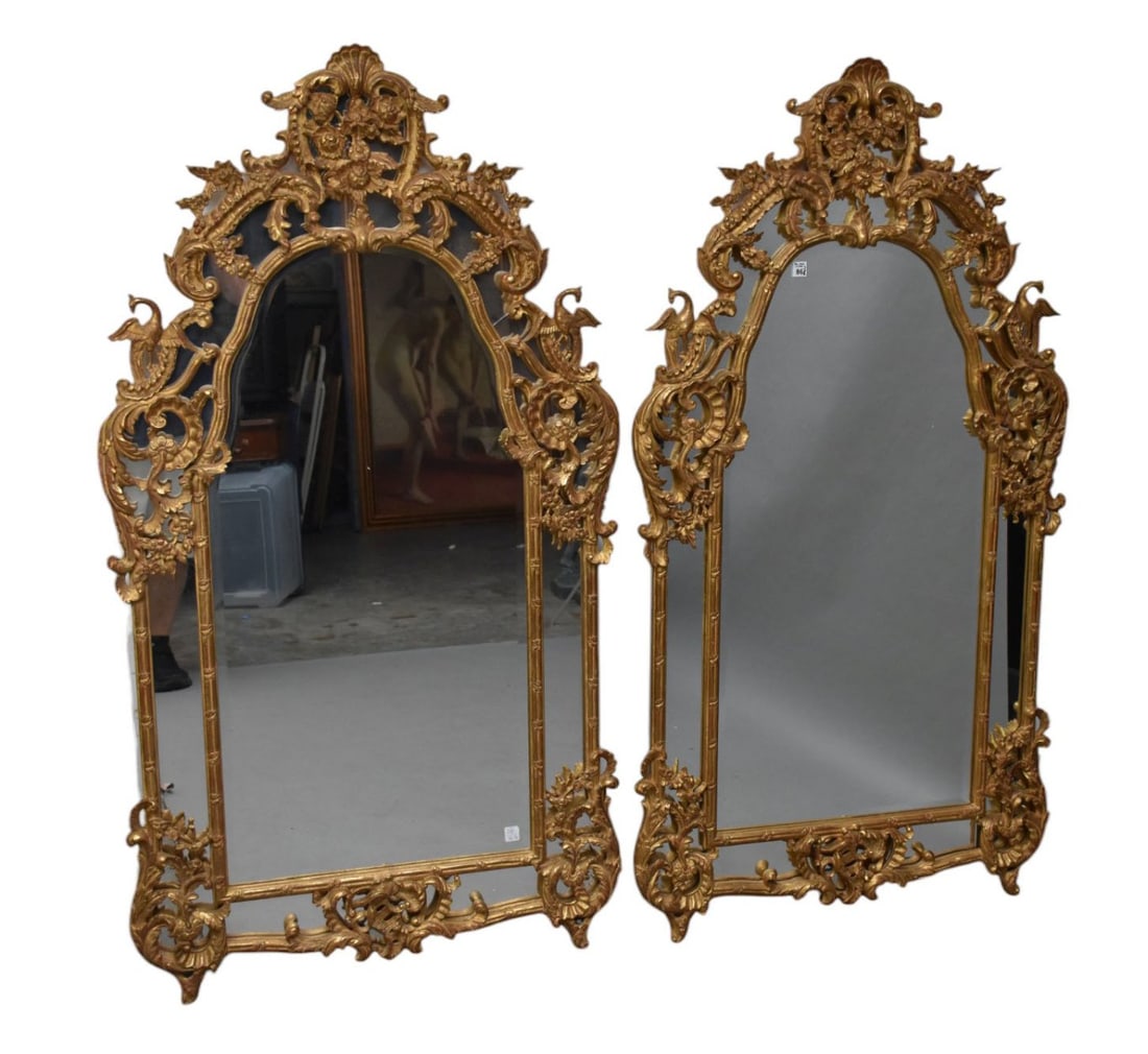 Pair Gilded Elaborate Carved Mirrors, Phoenix Birds, Leaves & Flowers, 63"h x 33"w (1 of 5)