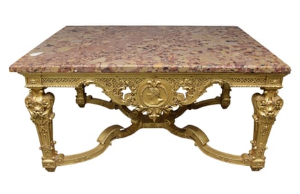 Gilded Carved Library Table with Scrolled Stretcher Base and Marble Top, 30"h x 61"w x 43"d