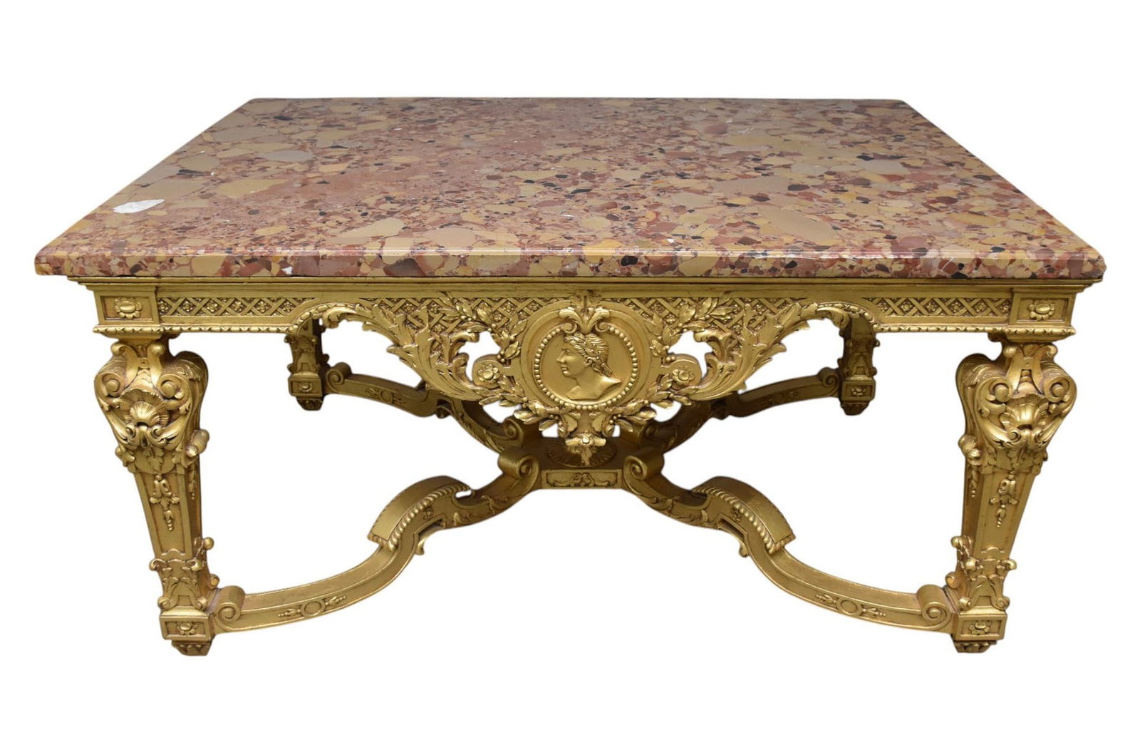 Gilded Carved Library Table with Scrolled Stretcher Base and Marble Top, 30"h x 61"w x 43"d (1 of 10)