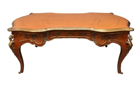 Oversized French Louis Style Desk with Mounted Bronze Figure Heads, 32"h x 74"w