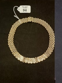 14K Yellow Gold Panther Woven Collar Necklace. Length 16"  and 3/4" wide 98.8 grams with safety