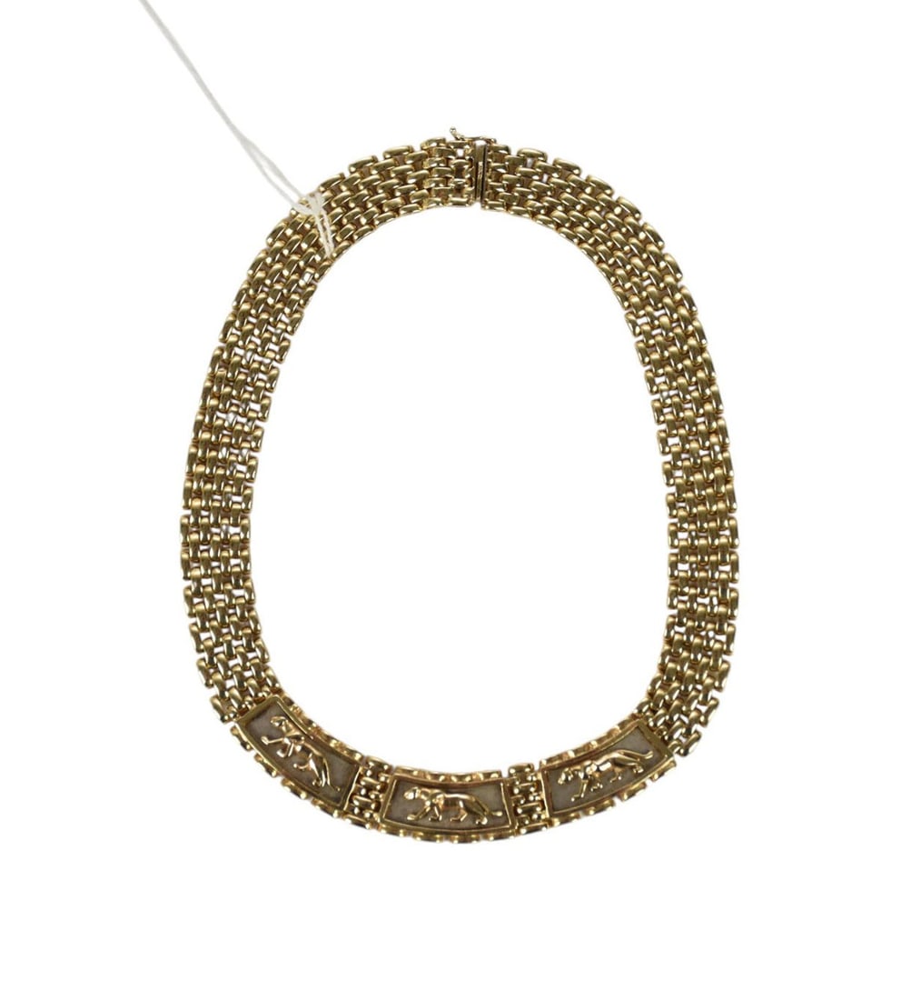 14K Yellow Gold Panther Woven Collar Necklace. Length 16"  and 3/4" wide 98.8 grams with safety (1 of 4)