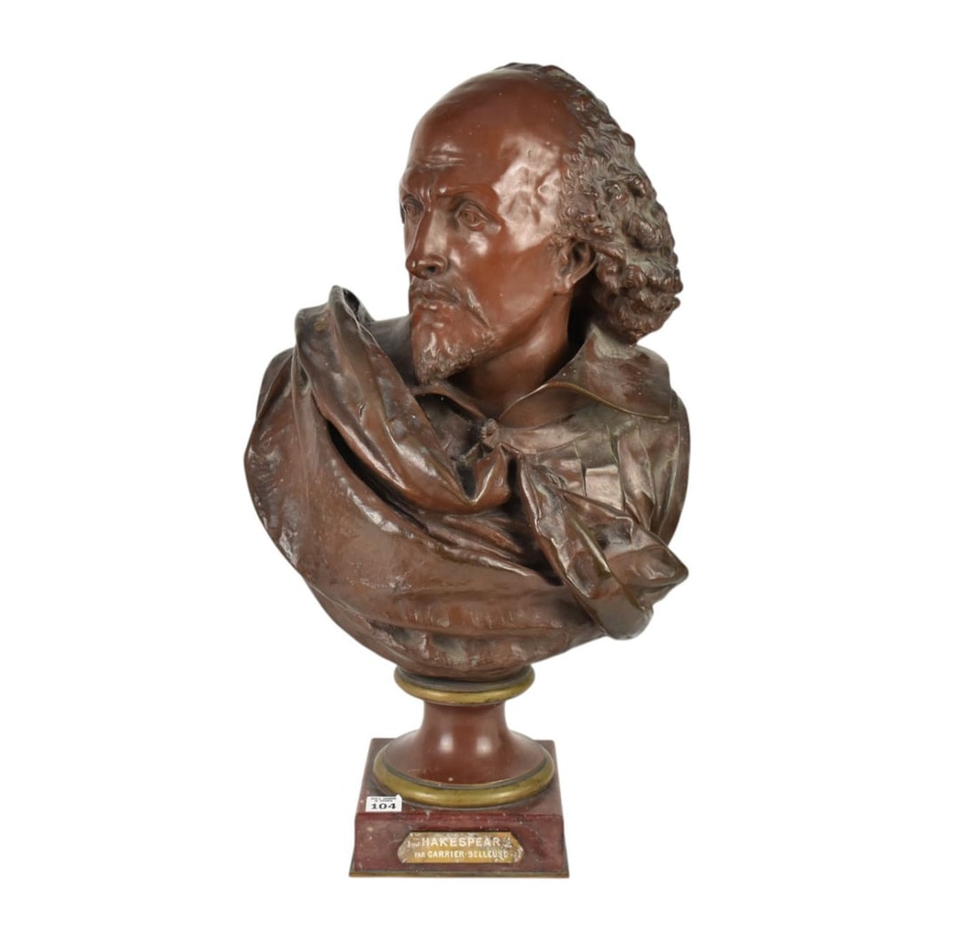 Shakespeare Bronze Bust on Rouge Marble Base, Albert Ernest Carrier-Belleuse, French 1824-1887, 22"h (1 of 7)