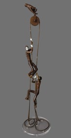 Jerry Soble Sculpture of two mimes pulling a rope held by a hand, engraved "Sobble Control 1997",