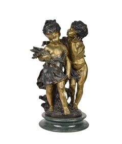 Auguste Moreau "The Secret" Bronze of Two Children Whispering on Marble Base, one with a bail of