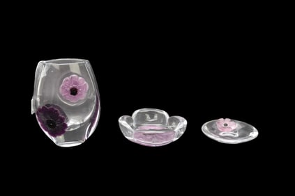 Three Pieces Daum France 'Coppelia' Crystal, Vase, Dish, Bowl - Three pieces of Daum crystal. Each