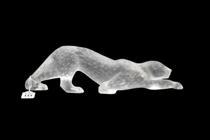Lalique France Crystal Panther Sculpture - A Lalique France clear frosted glass figure of a stalking