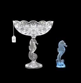 Tom Brennan signed Waterford Crystal Seahorse Centerpiece and small seahorse Figure