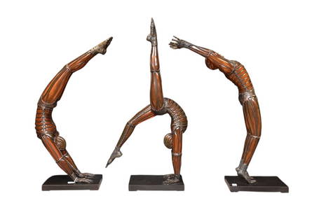 David Bennett (American, b. 1941) Gymnastic Trio Sculptures, (3pcs. sold together). Hand blown glass: David Bennett (American, b. 1941) Custom Commission - Gymnastic Trio Sculptures, (3pcs. sold together). Hand blown glass and bronze. Salmon/Rose blown glass. Three sculptures depicting male gymnast/ac