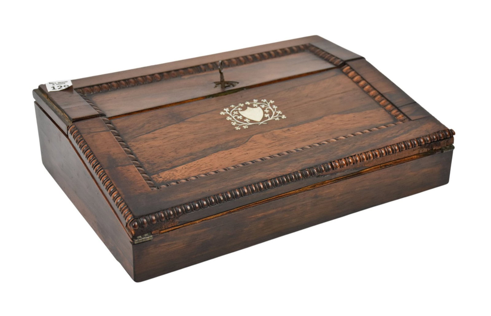 Antique Rosewood Folding Lap Desk Some Trim Lost, Mother of Pearl Design on Front, Fitted Interior,: Antique Rosewood Folding Lap Desk Some Trim Lost, Mother of Pearl Design on Front, Fitted Interior, 4"h x 14"w x 10"d