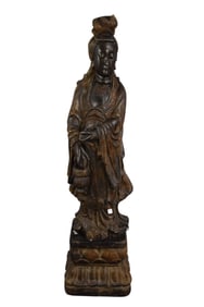 Quan Yin Plaster Sculpture on Lotus Form Stand, signed "Attilas 71". 61 1/4" h