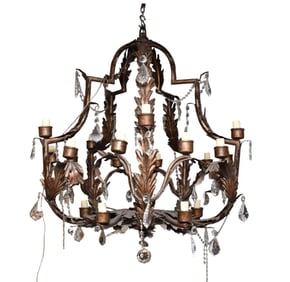 Chandelier, Large Bronzed Tin Acanthus Leaf Design, Multiple Lights, with hanging crystals,