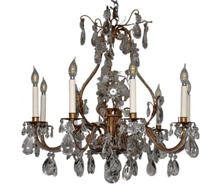 Nesle of New York French Rock Crystal 9 Branch Louis XV style Chandelier, 30"h x 32"w
