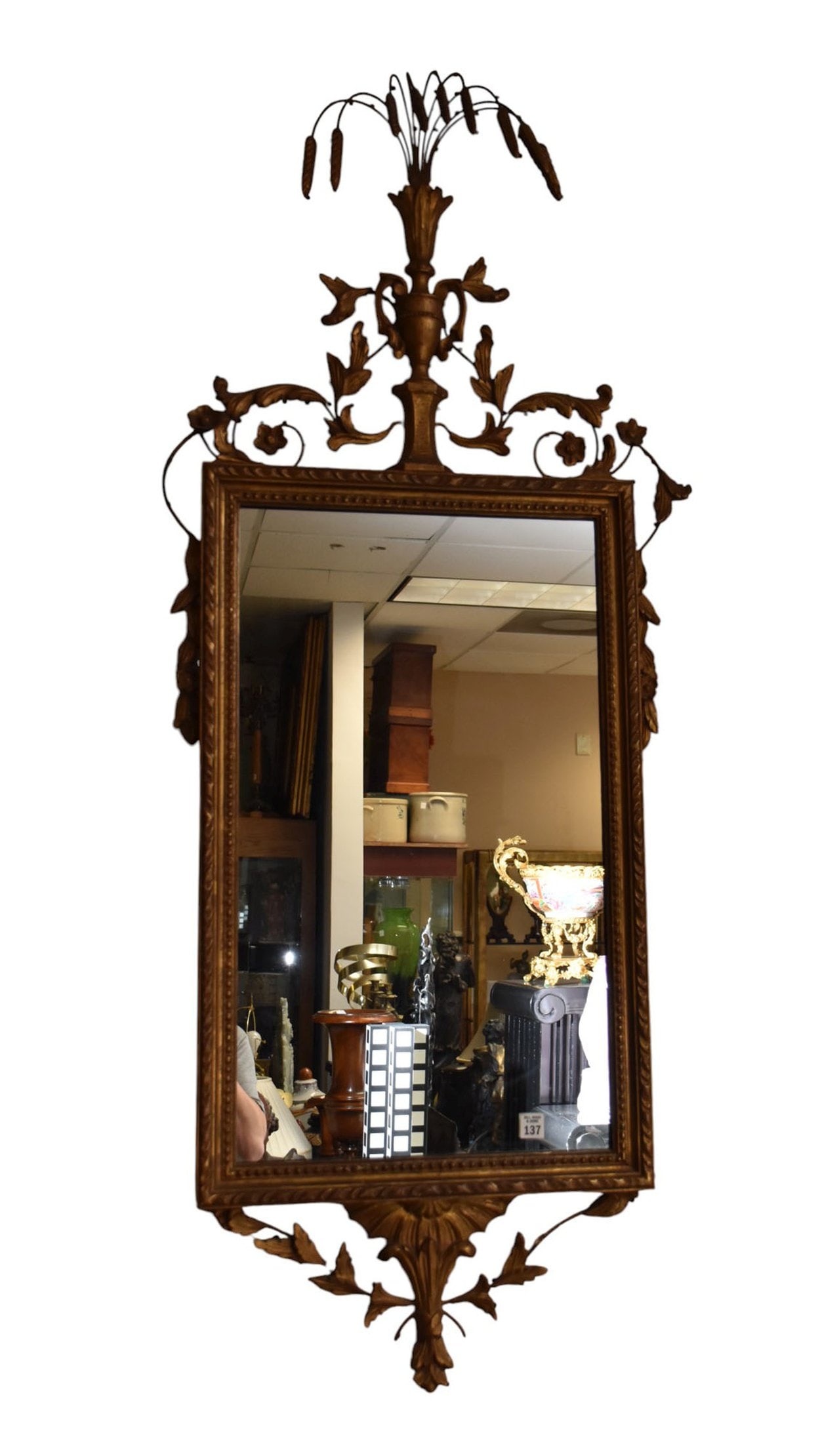 Federal Gilded Mirror with Wheat at Crest and Laurel Leaf, Label NY Decorator  54"h x 20"w (1 of 6)