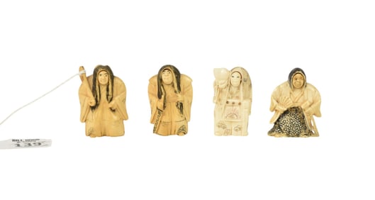 Four Japanese Netsukes with Rotating Faces, Noh Actors - Three signed on underside.