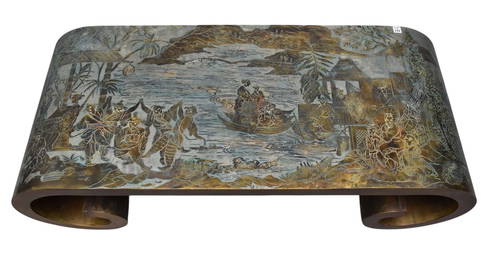 Philip and Kelvin Laverne scroll form coffee table in patinated "Wedding Dance" scene. 15"h x 53"w x