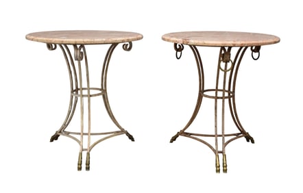 Pair Round Iron Diminutive Gueridon Style Side Tables, Brass Hoof Feet & Marble Tops (one has