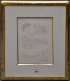 Pablo Picasso (Spanish, 1881–1973) Etching from Vollard Suite. Jeune couple accroupi, l'homme avec